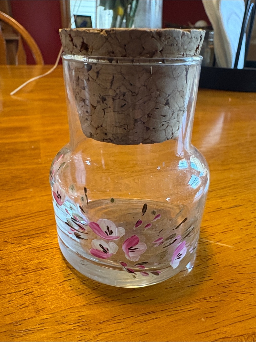 Hand-Painted Pink Floral Glass Jar with Cork Lid